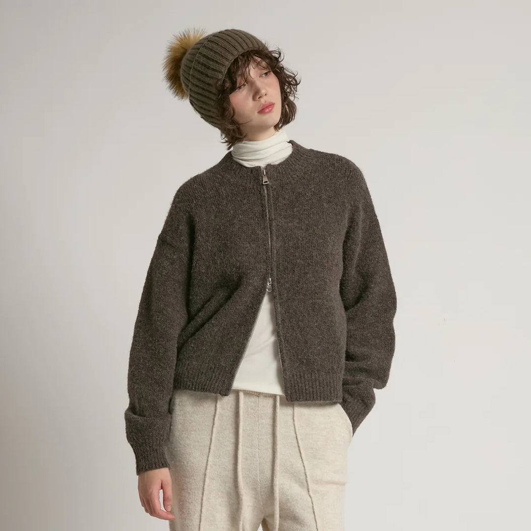 Crop Zip-Up Cardigan in Brown