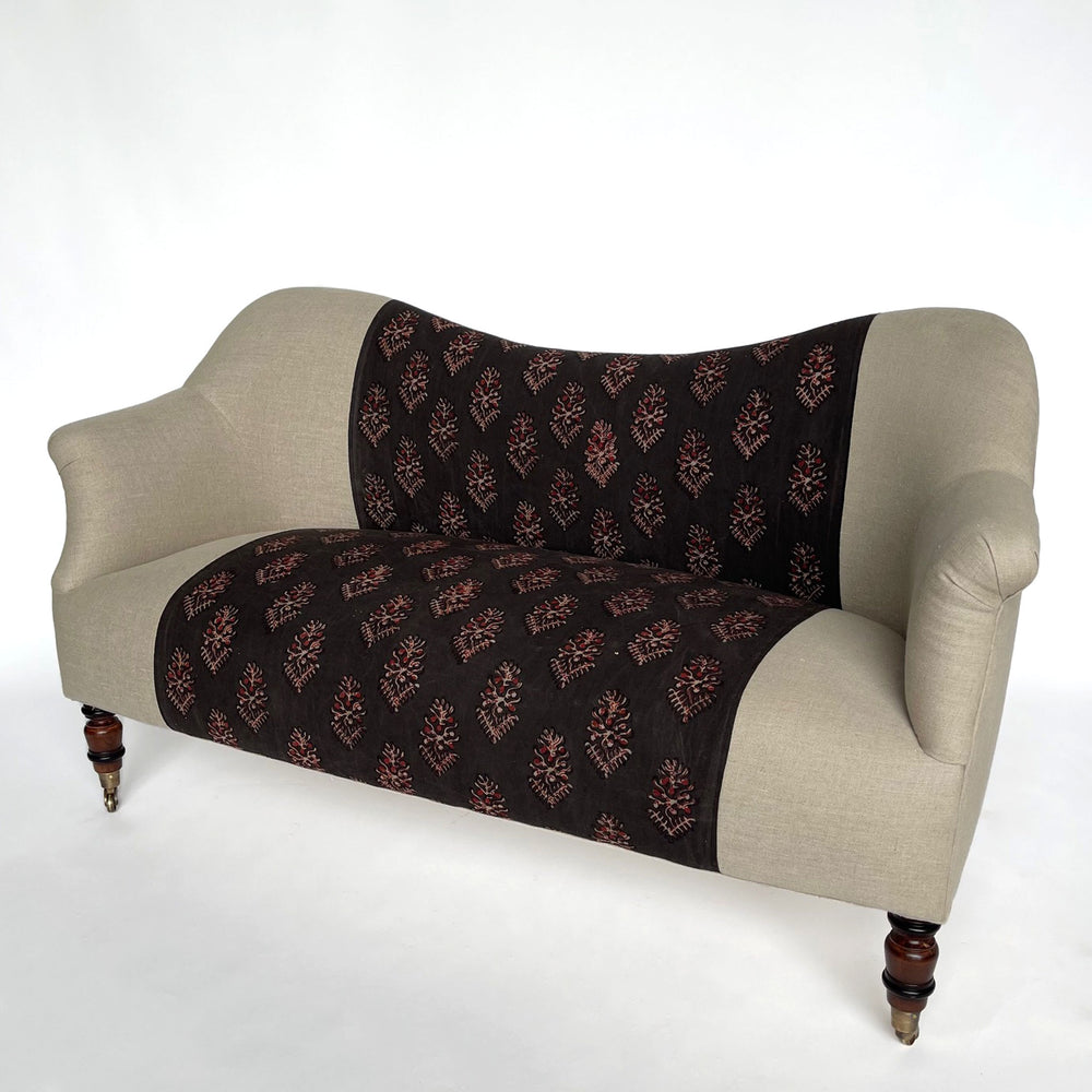 Dromedary Loveseat Upholstered in One Of a Kind Batik Black Runner By John Derian for Cisco Brothers
