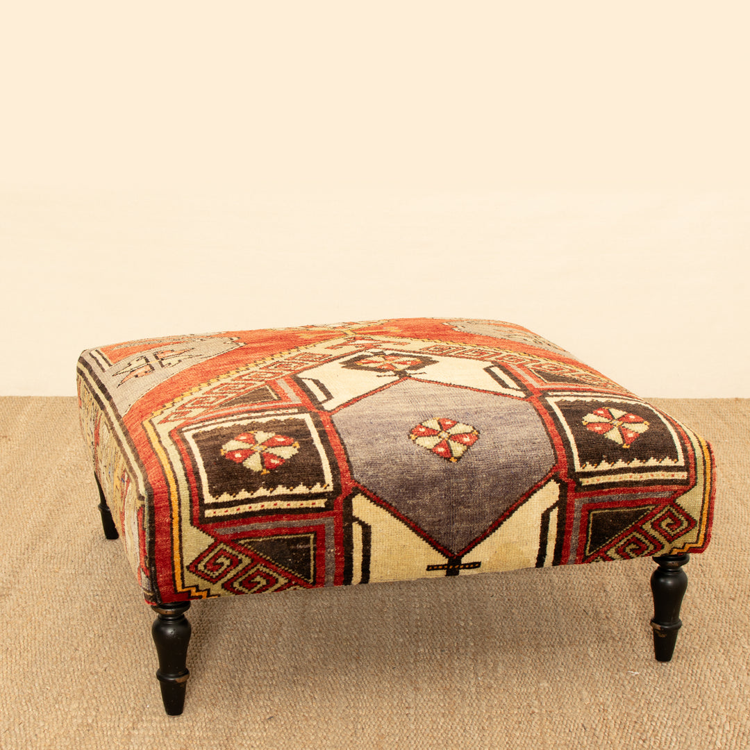 Vintage Square Rug Ottoman w/ Black Turned Legs 39x39 (1024-D)