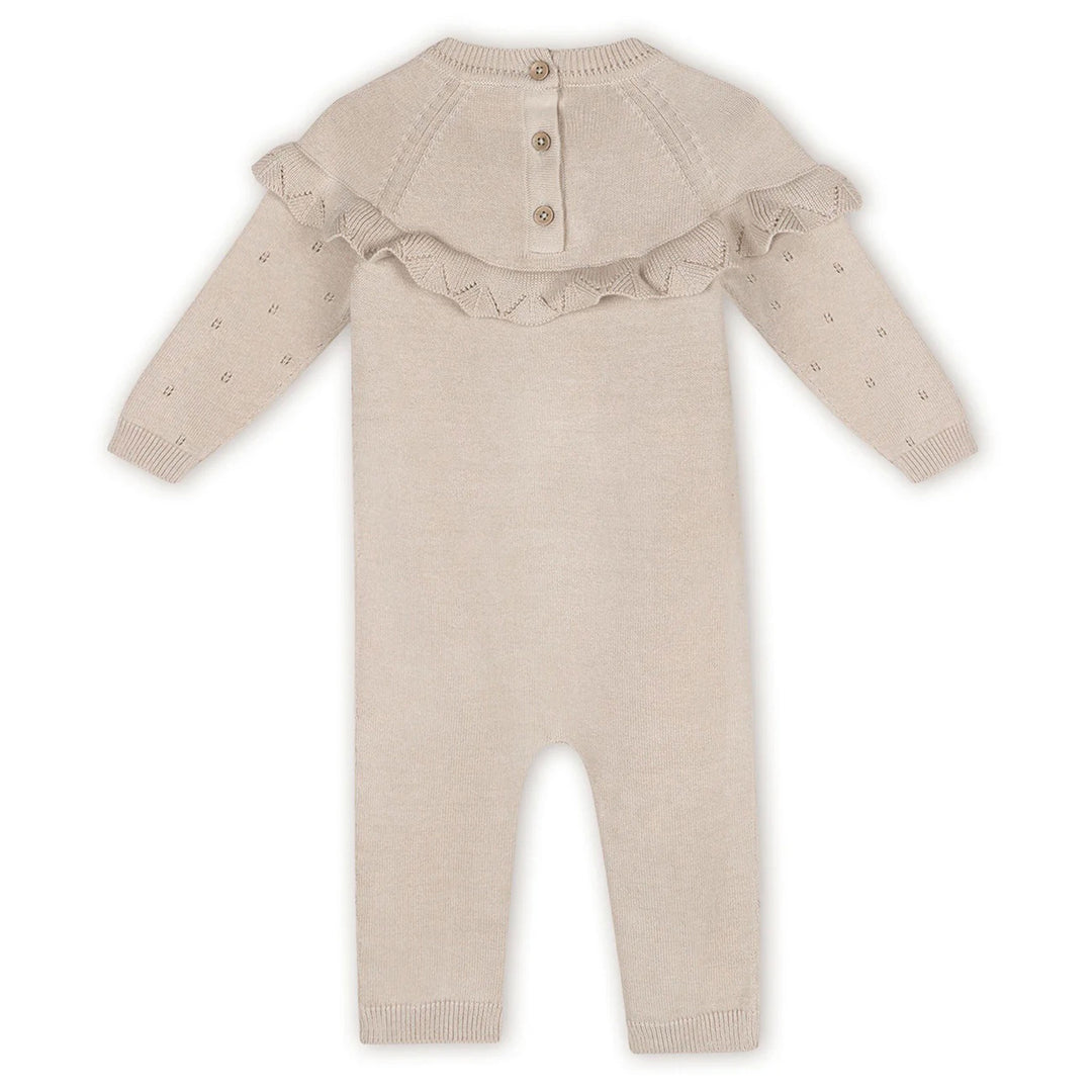 Florence Floral Embroidered Pointelle Ruffle Baby Jumpsuit in Stone 6-12M