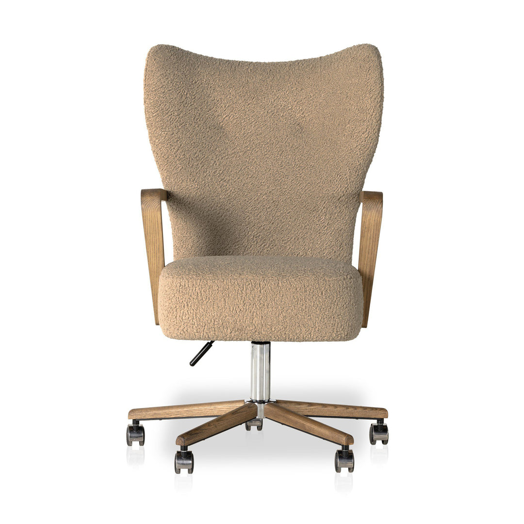 Beige office chair with wooden frame and wheels on a white background