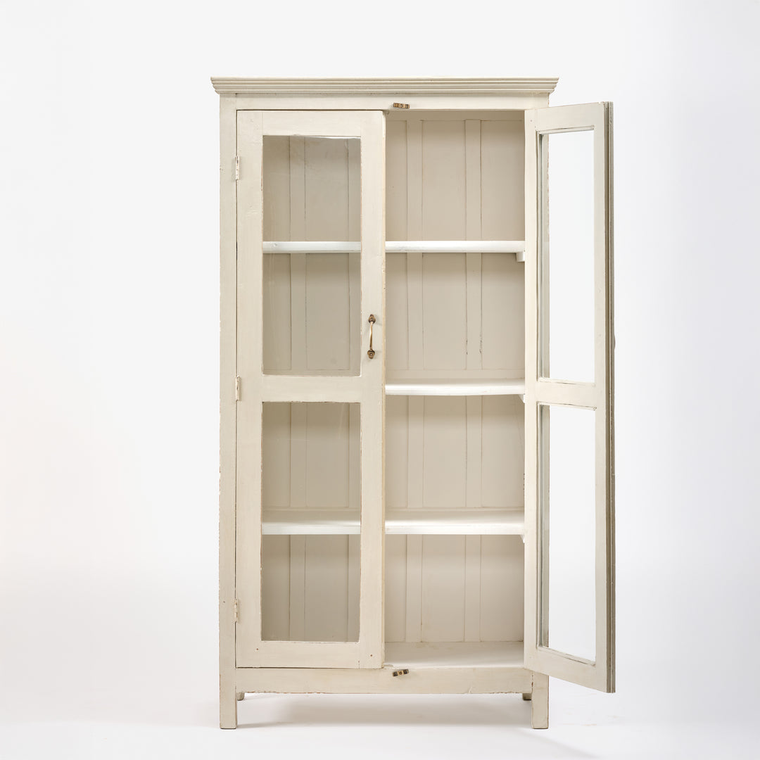 White wooden cabinet with glass doors on a white background