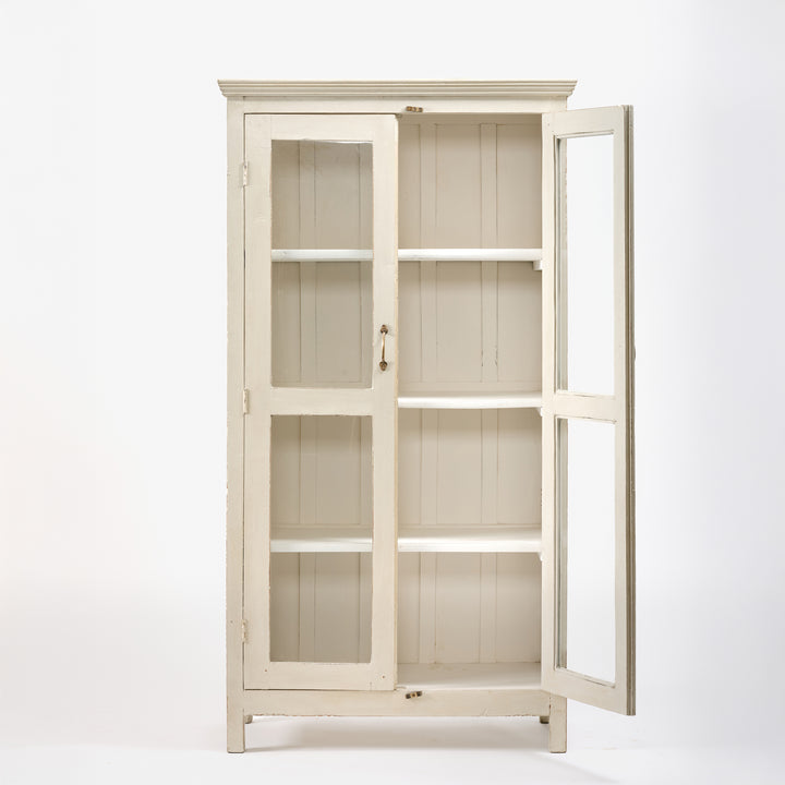 White wooden cabinet with glass doors on a white background