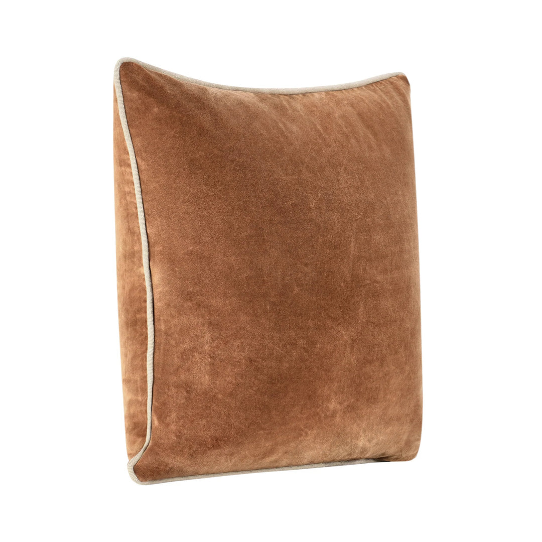 Brown pillow with a white border on a white background