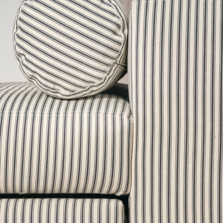 Beverly Convertible Daybed Upholstered in French ticking Charcoal with Black Walnut Leg Finish - Opens into either Two Twins or One Queen Bed