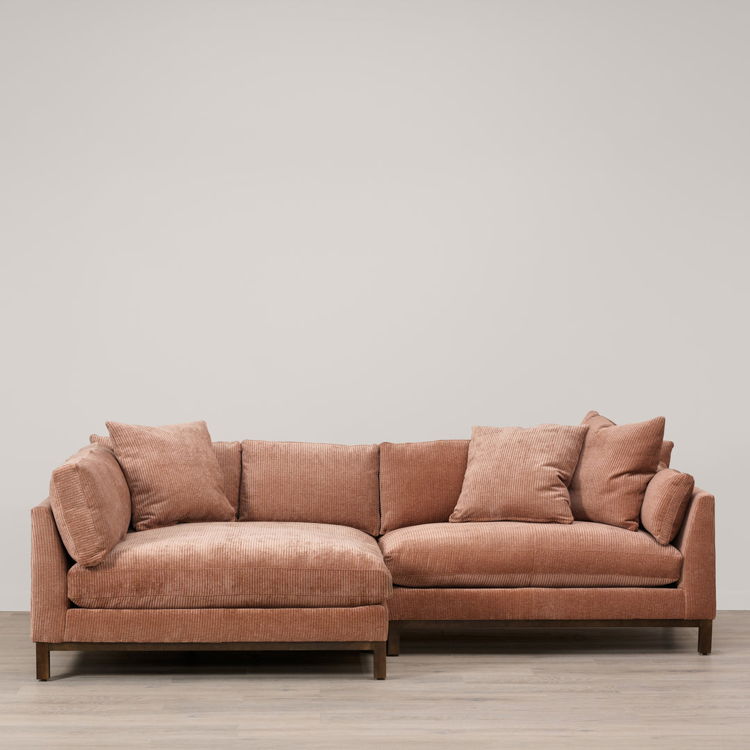 Sectional: Boden Right Seated Cuddler End Upholstered in Heavy Duty Rustic Terracotta with Cloud Standard Cushion and Chocolate Leg Finish....AND... Boden Left-Seated 2-Seat Bench Sofa End Upholstered in Heavy Duty Rustic Terracotta with Cloud Standard Cushion and Chocolate Leg
