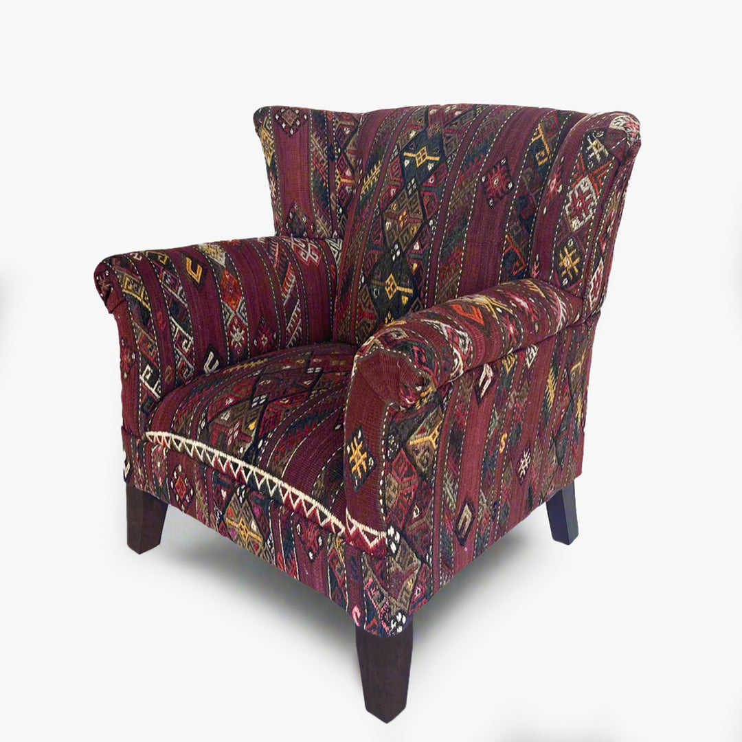 Wing Chair Upholstered in Vintage Geometric Kilim B