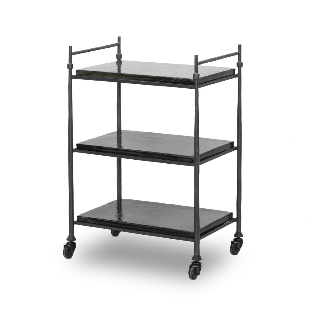 Black metal serving cart with glass shelves on a white background