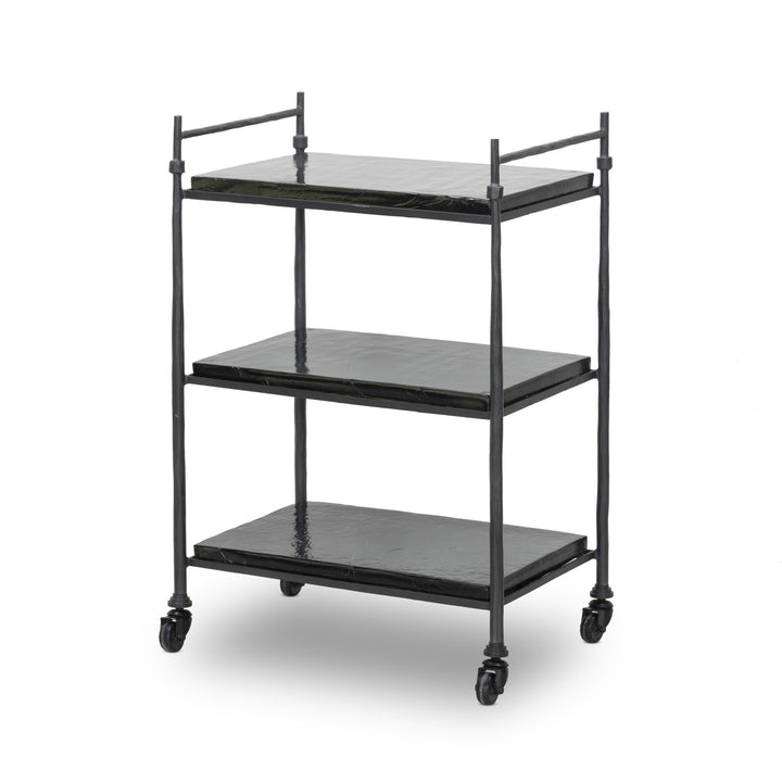 Black metal serving cart with glass shelves on a white background