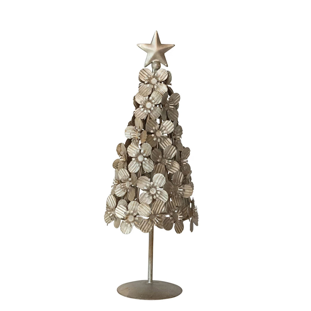 Metal Flowers Christmas Tree with Star, Antique Silver Finish
