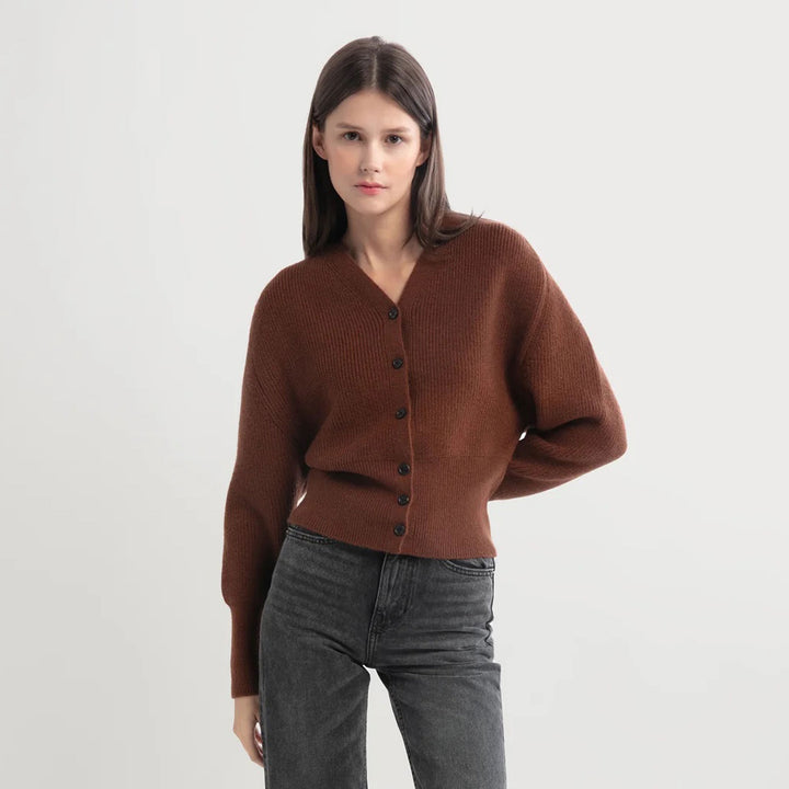 Puff Sleeve V-Neck Knit Cardigan in Brown