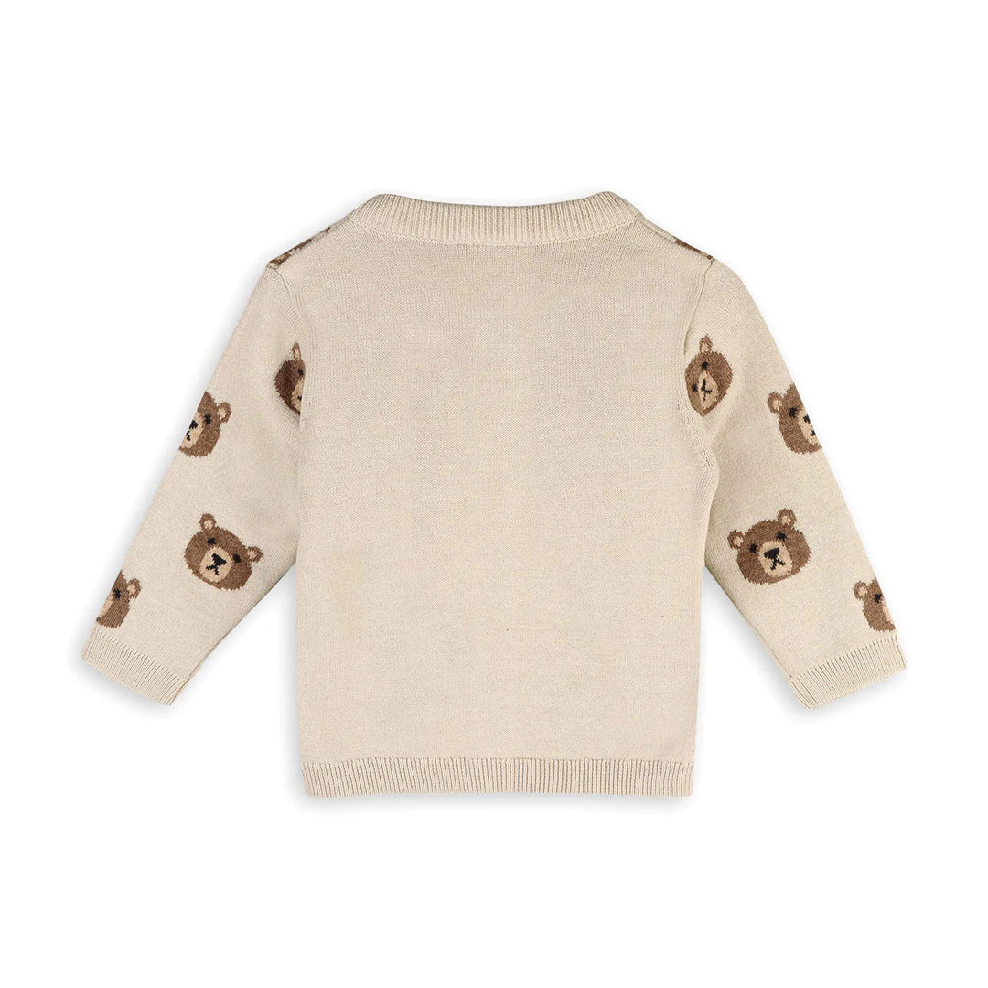 Brown Bear Jacquard Button Cardigan Baby Sweater in Stone 6-12M