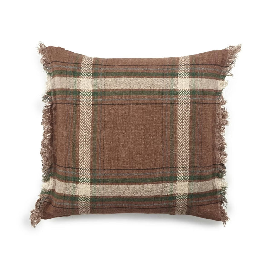 Plaid pillow with brown, green, and beige colors on a white background