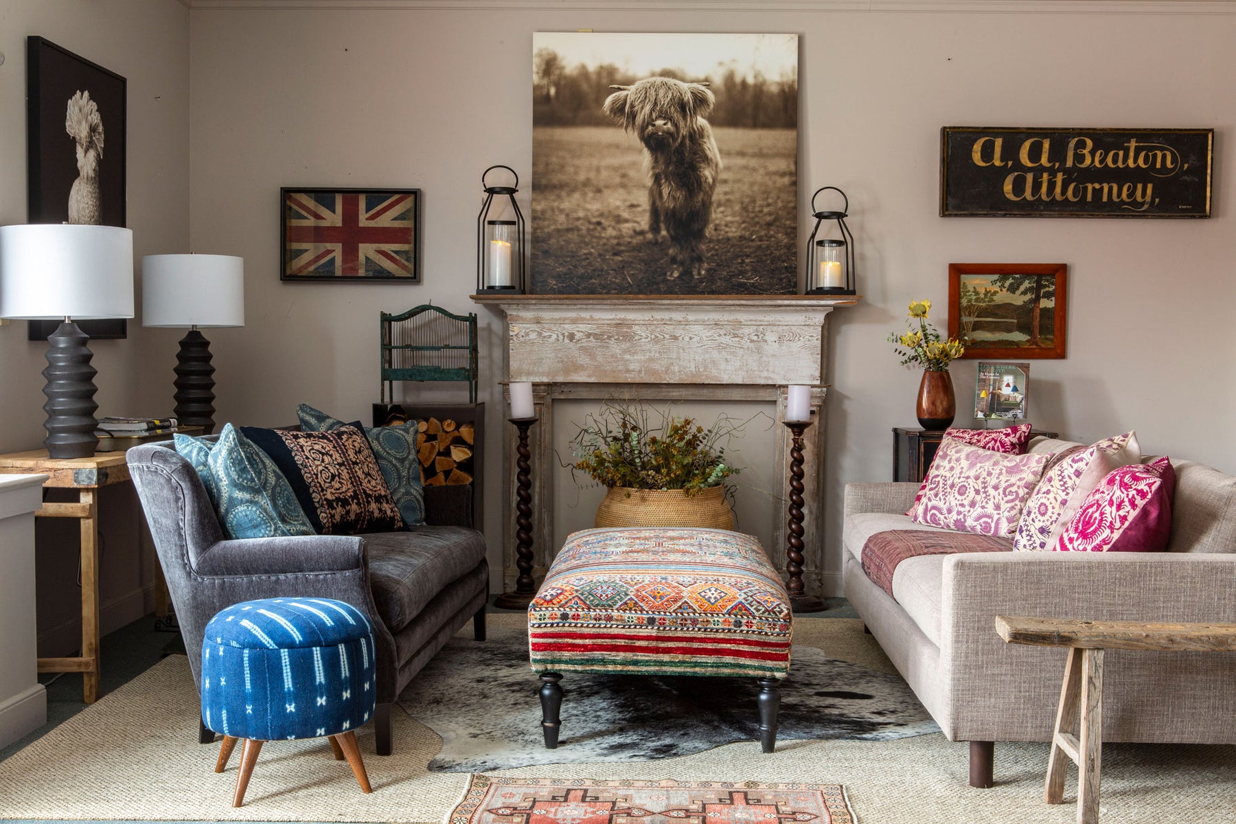 Hammertown location in downtown Rhinebeck, NY | Styled living room with comfortable vintage furniture and ottomans