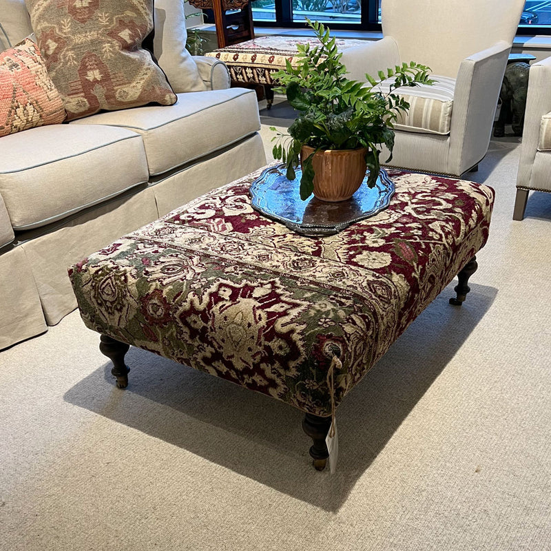 Antique Rug Cocktail Ottoman With Pecan Leg Finish and Small Natural Nails