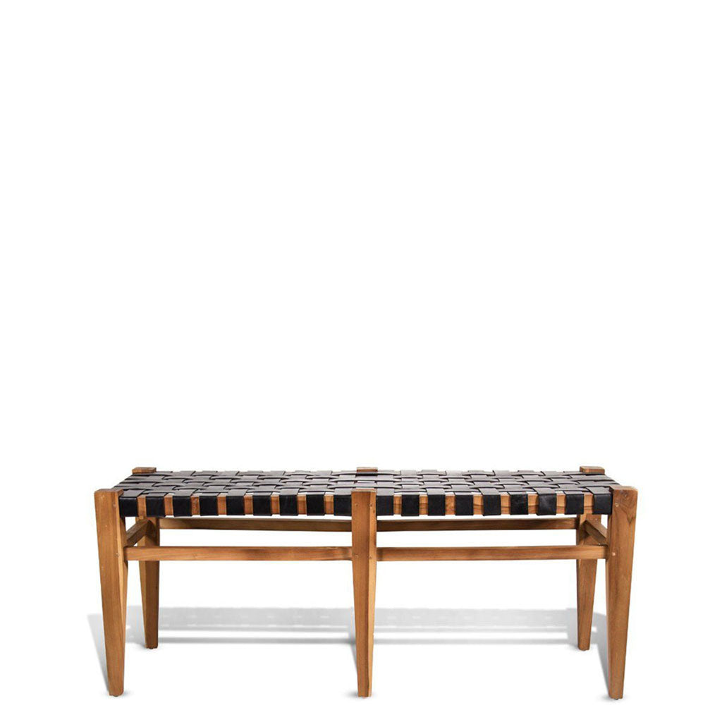 Izzy Teak Bedroom Bench in Black Leather