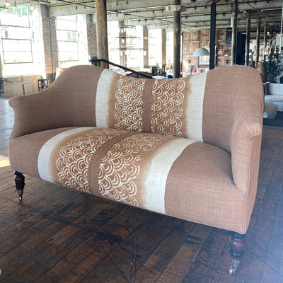 Dromedary Loveseat Upholstered in Rye spice with a One of a Kind Center Tan Fabric Panel By John Derian for Cisco Brothers