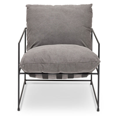 Tailor Accent Chair with Iron Frame and Cushions Upholstered in Washed Grey