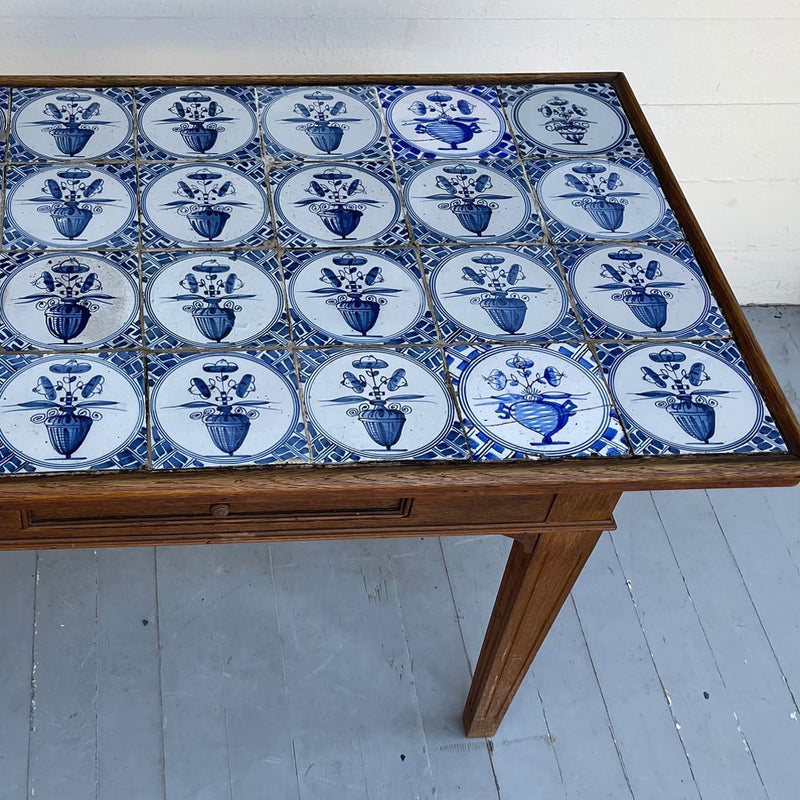 Vintage 19th Century Oakwood and BLUE Tile Top Table; Louis XVI style 