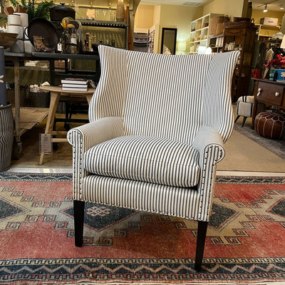 Arthur Wing Back Chair Upholstered in French Ticking Charcoal by Lee Industries 