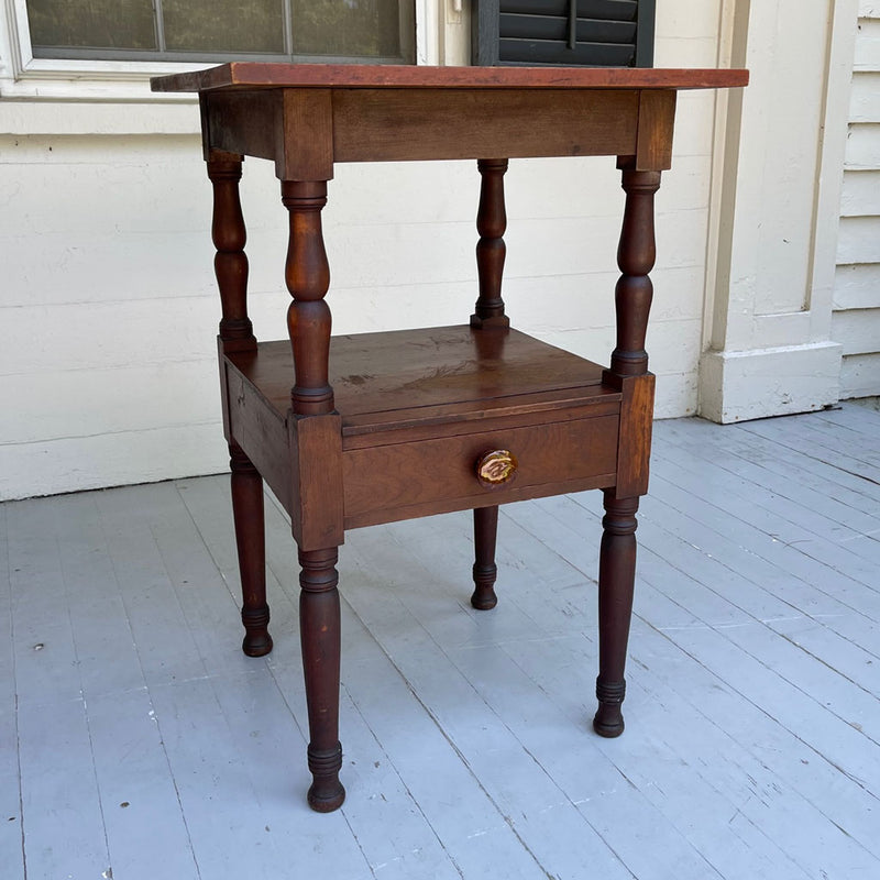Vintage One Drawer Stand with Traces of Old Red Paint, Bennington Knobs