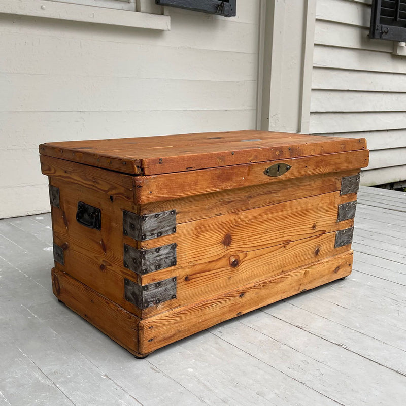 Antique Pine Lift Top Storage Box with Metal Strapped Corners