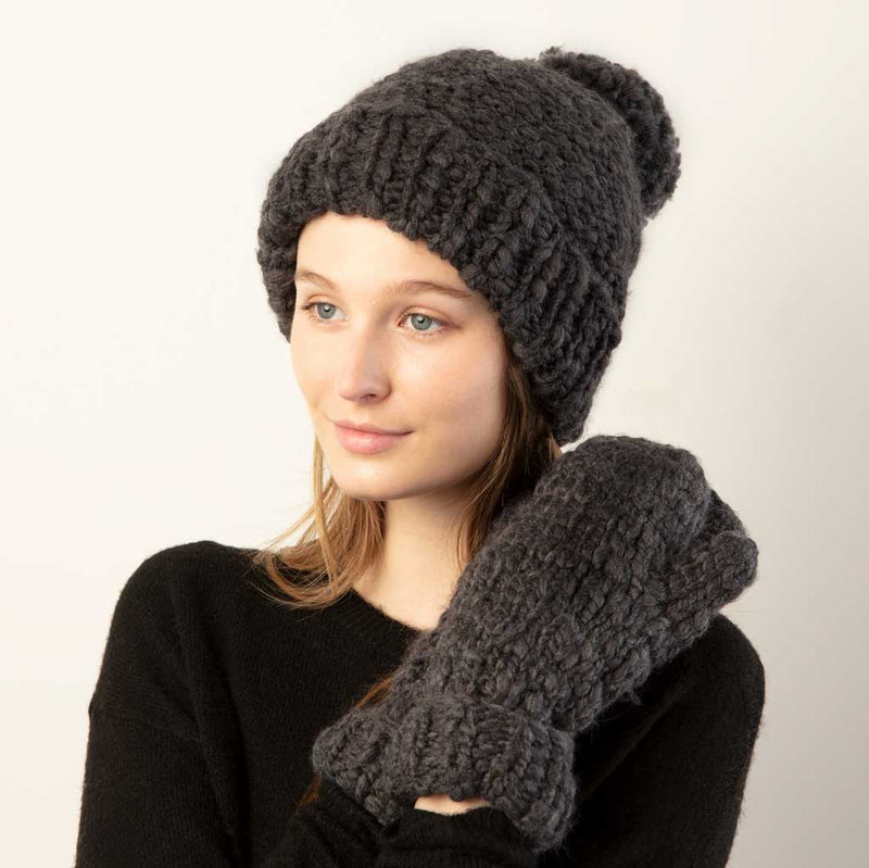 Basic Mango Yarn Pompom Hat in Ivory or Charcoal