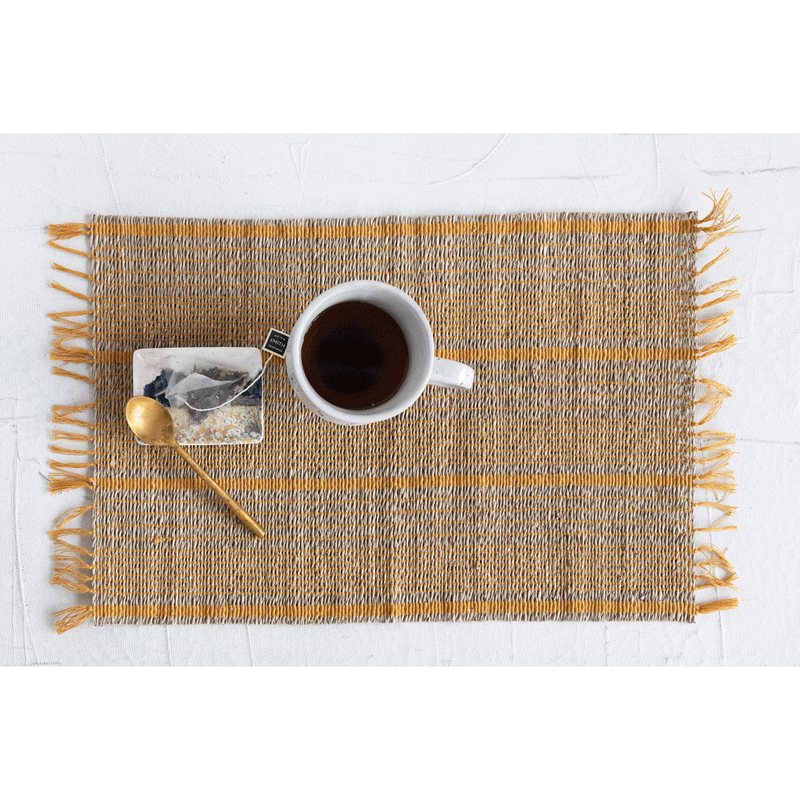 Bamboo Placemat w/ Stripes & Fringe in Mustard