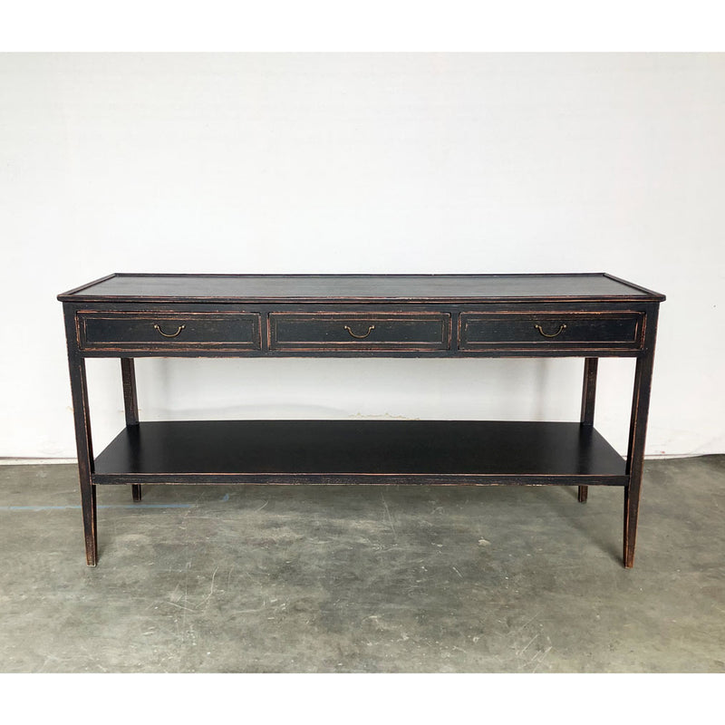 Gustavian Console with Three Drawers and Bottom Shelf in Antique Black