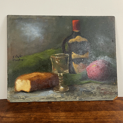 Original Oil on Masonite "Still Life with Wine Bottle and Glass" by Estelle Pleeter