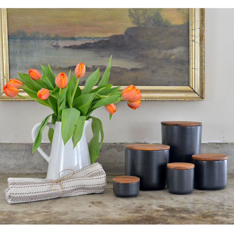 Black Stoneware Containers w/ Acacia Wood Lid