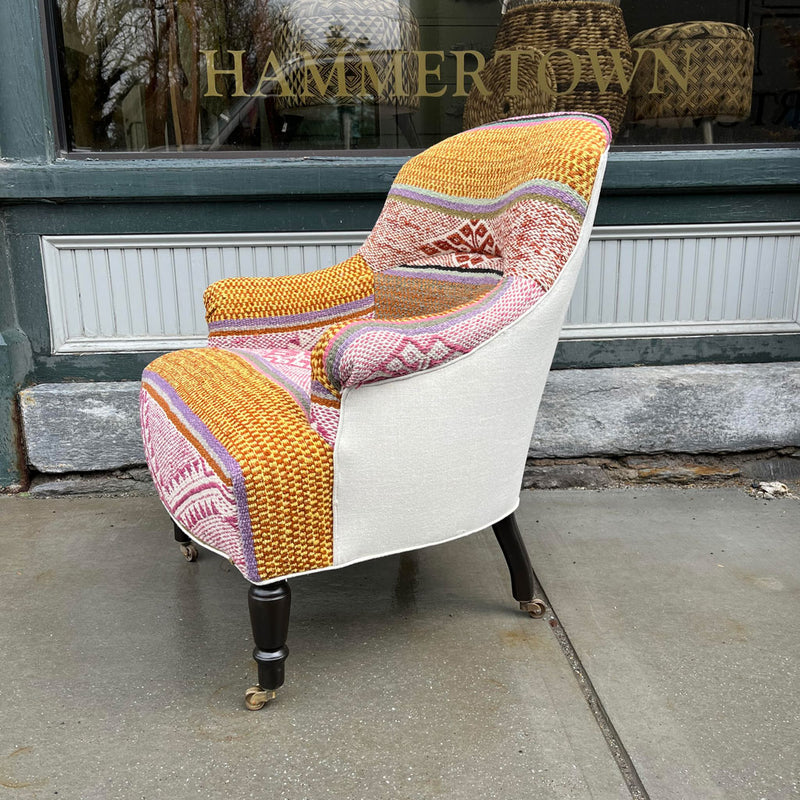 Tulip Chair Upholstered in One of a Kind Marisol Colores with Umber leg finish and Antique casters By John Derian for Cisco Brothers