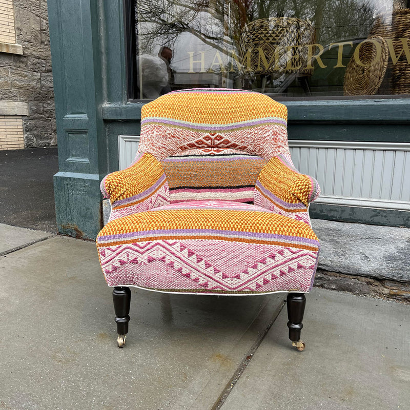 Tulip Chair Upholstered in One of a Kind Marisol Colores with Umber leg finish and Antique casters By John Derian for Cisco Brothers