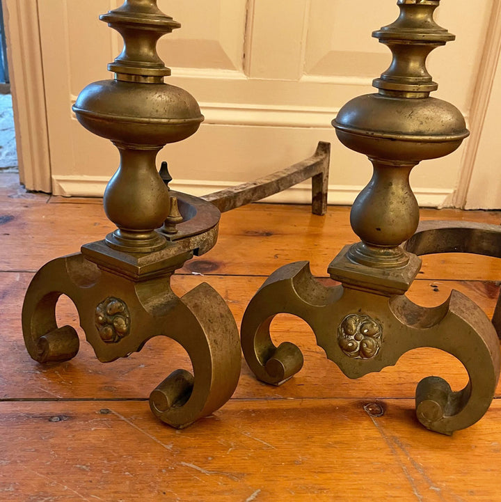 Pair of Turned Brass Andirons w/ Curled Feet