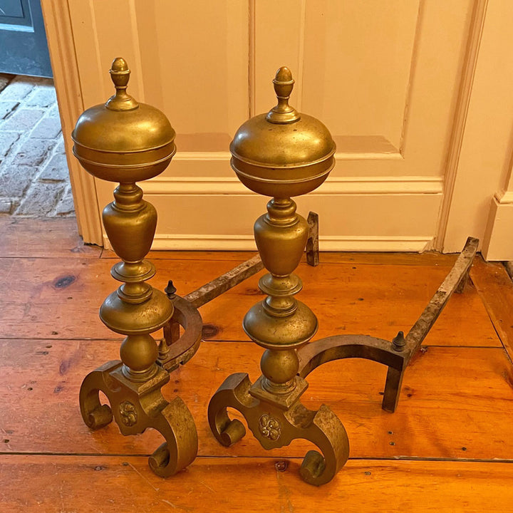 Pair of Turned Brass Andirons w/ Curled Feet