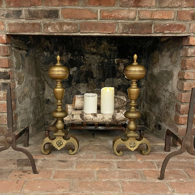 Pair of Turned Brass Andirons w/ Curled Feet