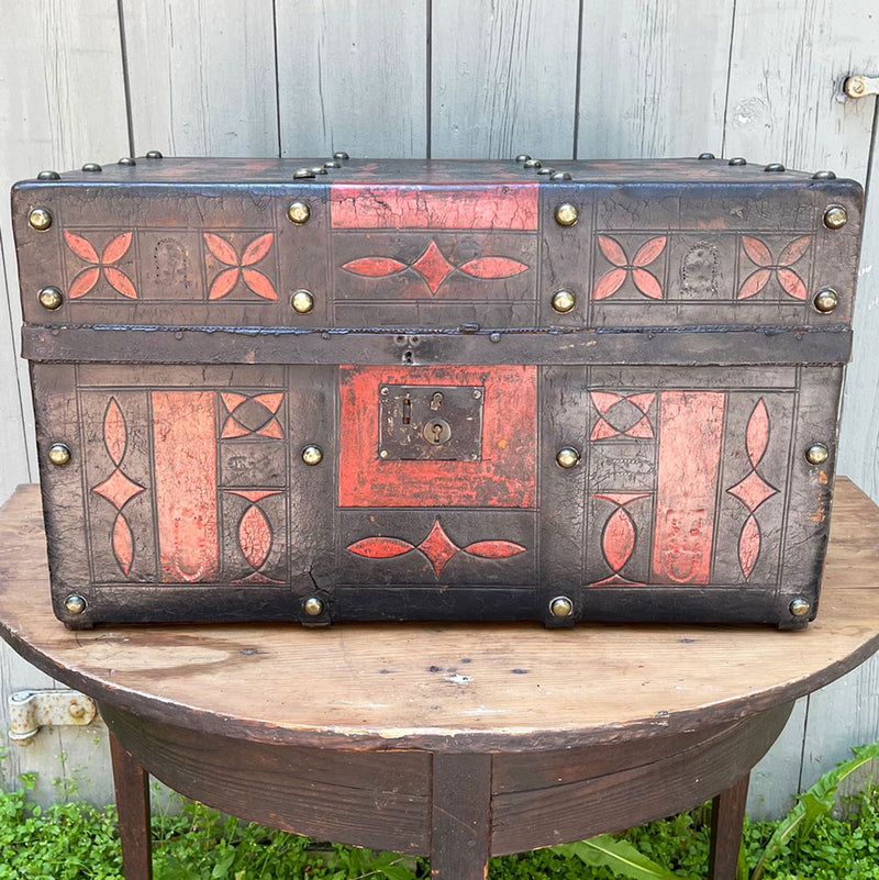 Late 19th Century Leather Covered Trunk w/ Geometric Design
